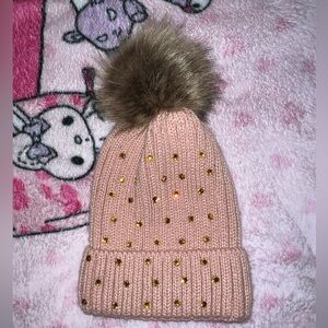 rhinestone faux fur pom pom pink beanie